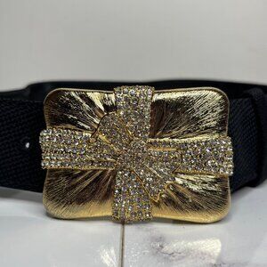 90s CARLISLE Gold Plated Rhinestone BOW Present Sculptural Buckle & Belt Strap P